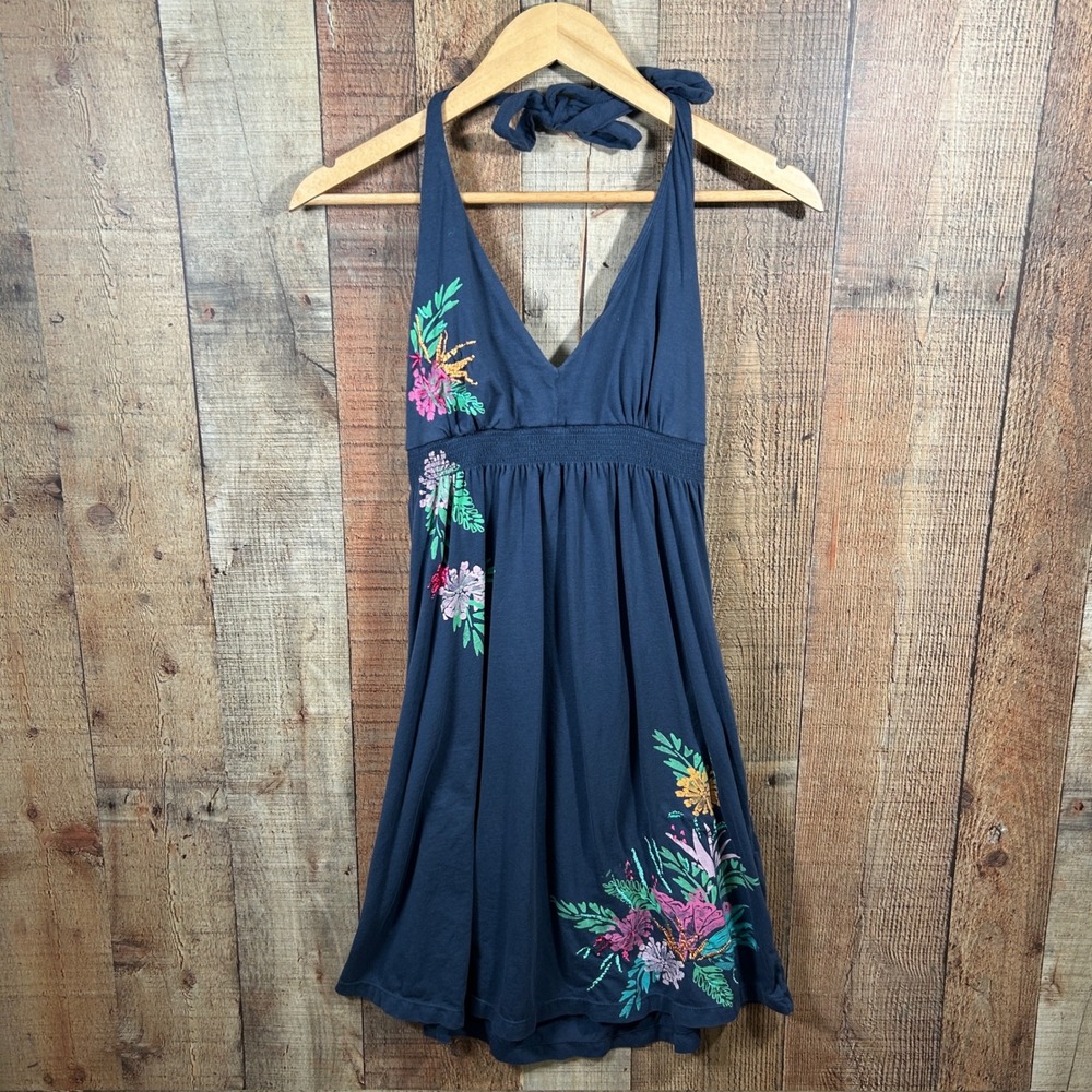 H&M L.O.G.G Halter Dress Small Blue Floral Embroidered Stretch Mini Boho Summer